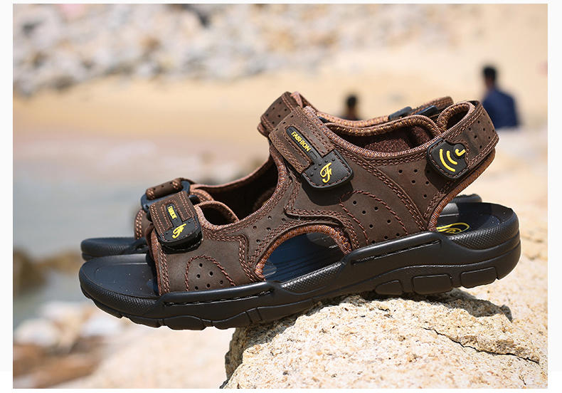 夏季真皮牛皮舒适轻便透气排水速干溯溪鞋涉水鞋男户外凉鞋沙滩鞋