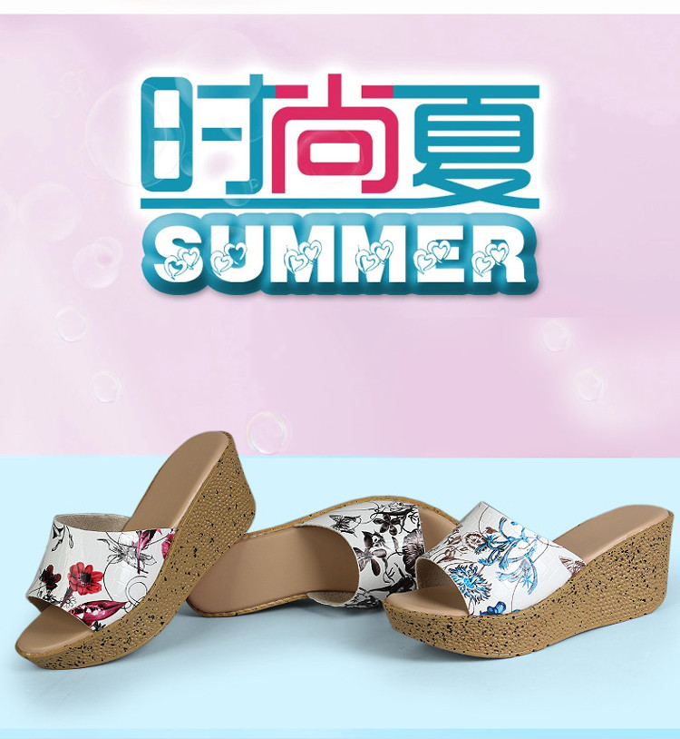 2017夏季韩版女鞋厚底松糕鞋高跟坡跟增高凉拖鞋印花凉鞋罗马鞋女
