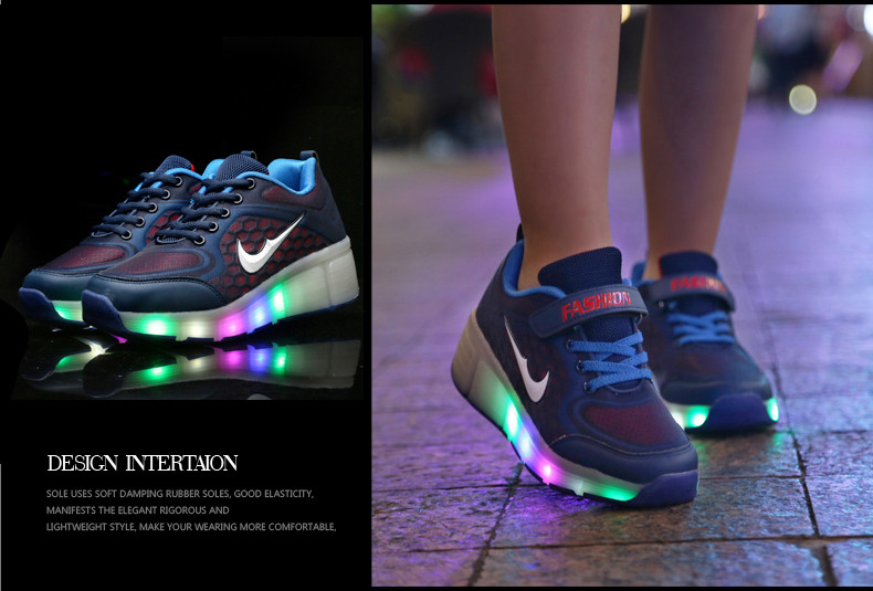夏季LED亮灯发光网面透气暴走鞋男女童运动轮滑鞋儿童带轮子跑鞋