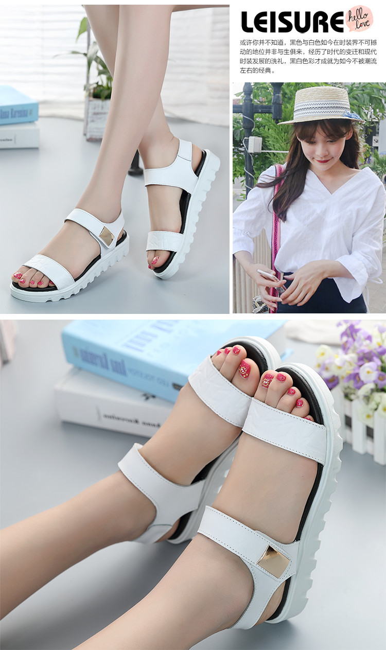 2017韩版夏季松糕鞋时尚牛皮女凉鞋女式舒适坡跟真皮女鞋