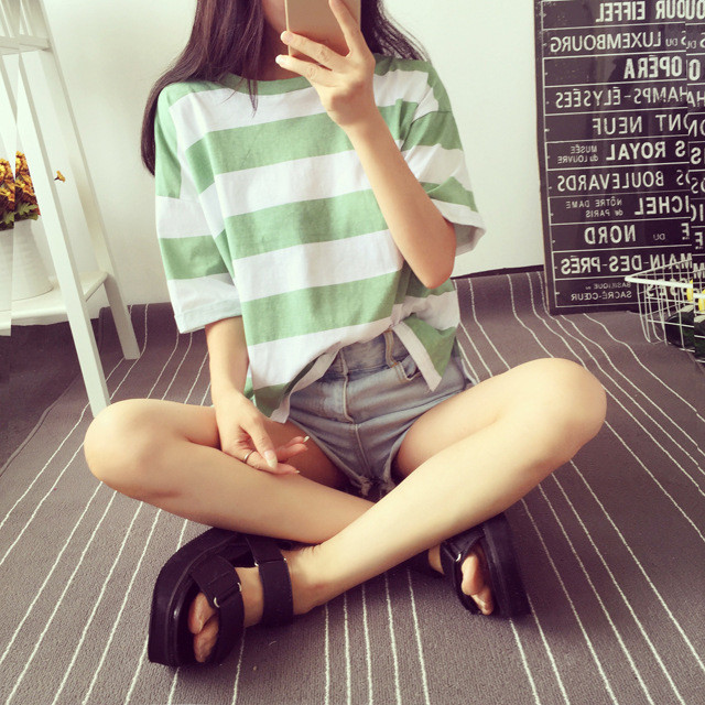 2017夏季新款韩版条纹短袖t恤女士宽松衣服上衣女装