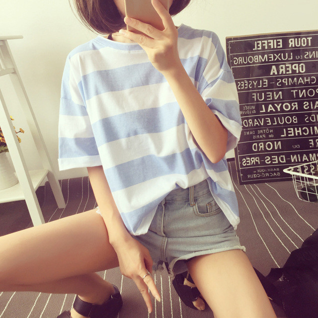2017夏季新款韩版条纹短袖t恤女士宽松衣服上衣女装