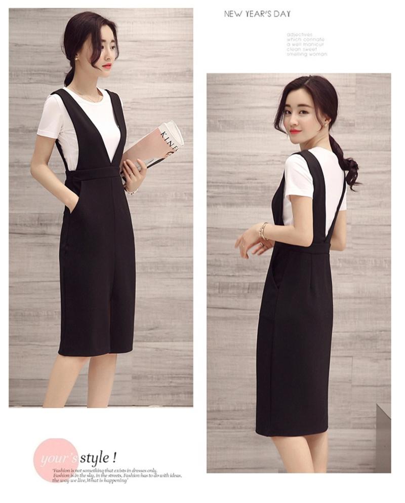 2017新款韩版时尚修身圆领短袖白t恤条纹v领黑色背带裙套装夏装女