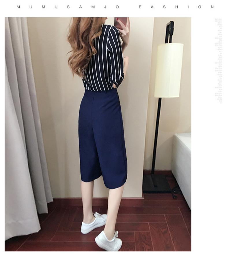 夏季2017女装新款韩版时尚学生条纹短袖T恤上衣阔腿七分裤两件套