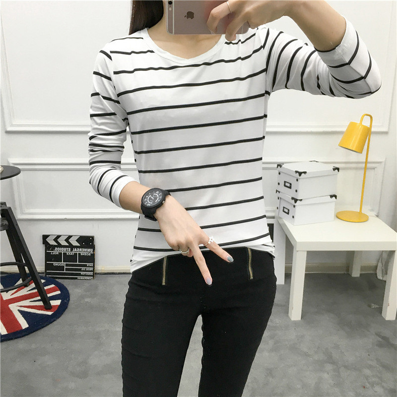 2017秋装新款韩版条纹宽松显瘦女士学生长袖t恤女上衣