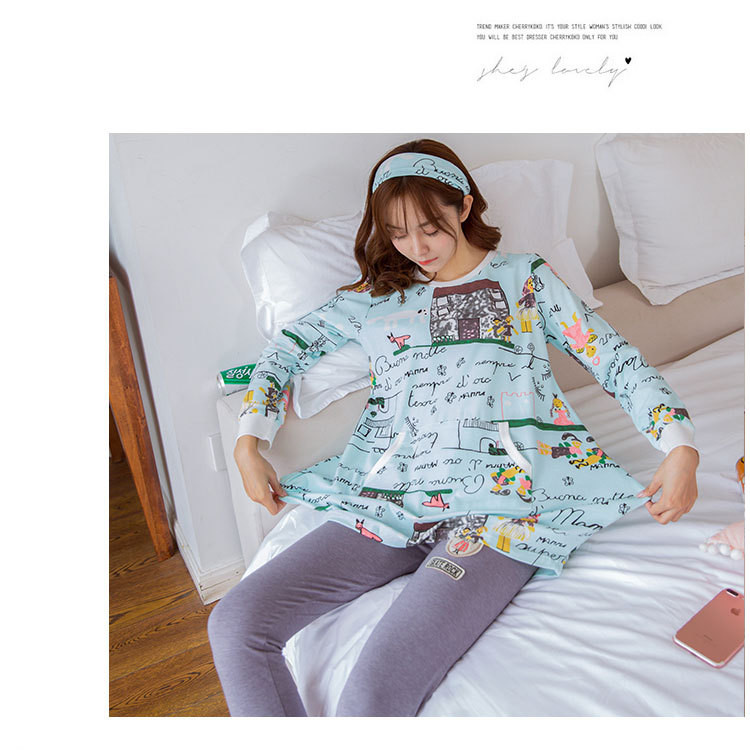 秋冬季睡衣女生韩版可爱卡通涂鸦印花棉质长袖宽松套头家居服套装