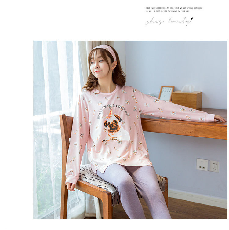 睡衣少女秋冬新品韩版卡通甜美可爱小狗中长款长袖棉质家居服套装