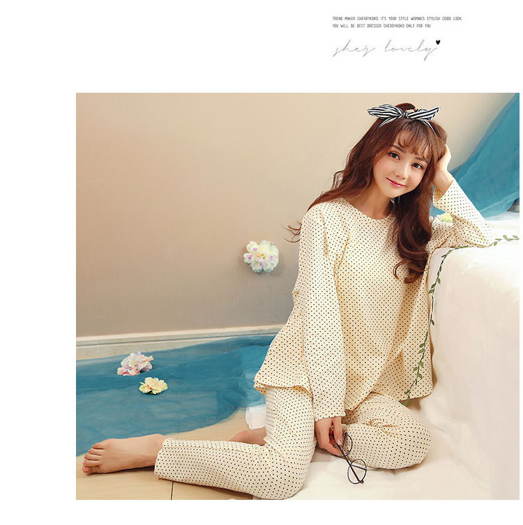 韩版可爱睡衣女秋季新款公主甜美波点长袖家居服休闲宽松棉质套装