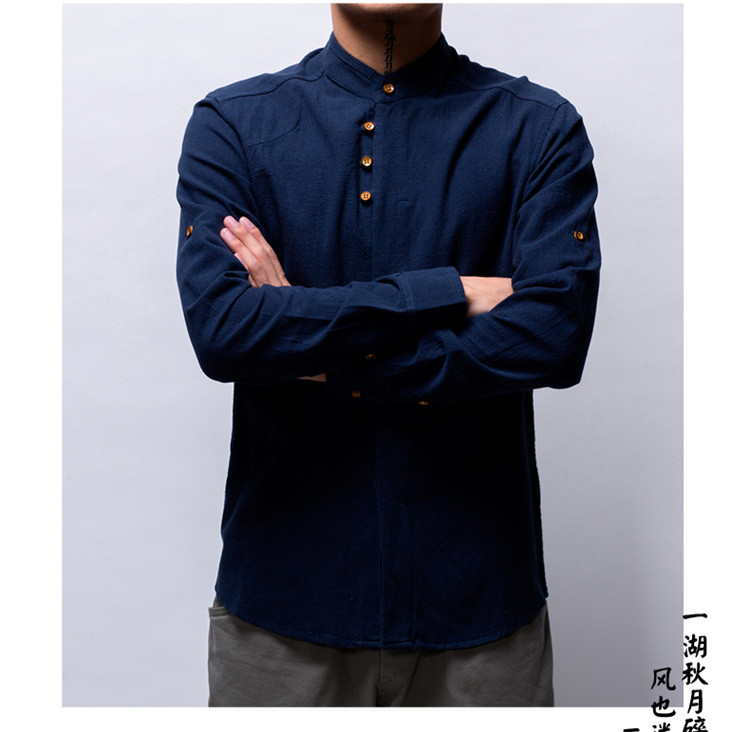 中国风复古做旧长袖棉麻衬衫青年休闲修身亚麻衬衣立领麻料男上衣