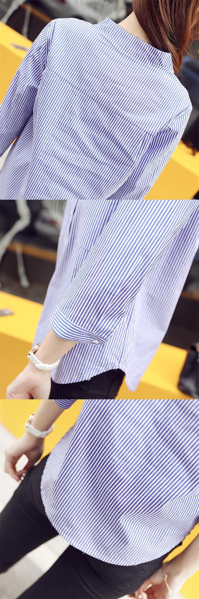 2017韩版秋季女装新款小v领宽松上衣t恤衫经典竖条纹立领套头衬衫