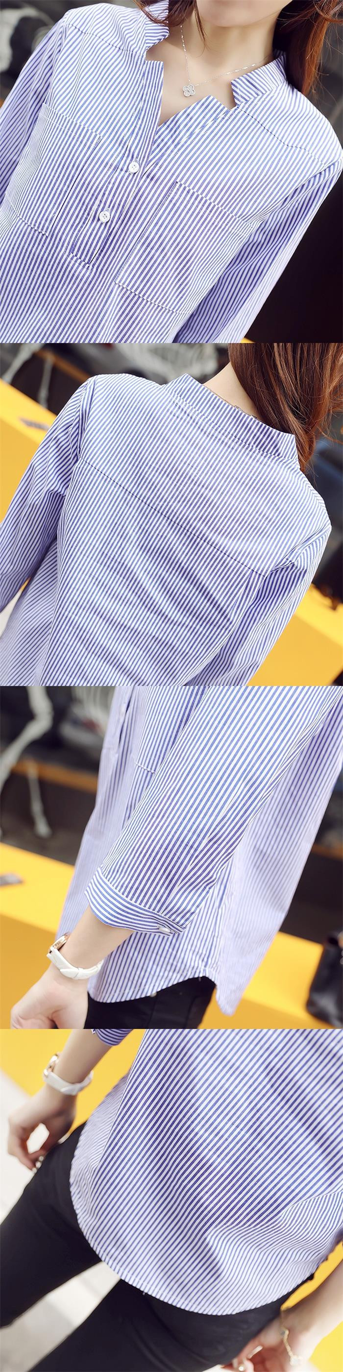 2017韩版秋季女装新款小v领宽松上衣t恤衫经典竖条纹立领套头衬衫