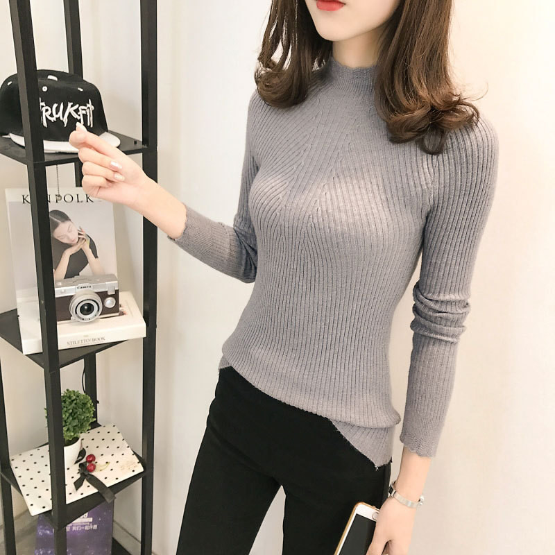 2017秋冬季新款韩版女装 纯色半高领百搭上衣长袖针织衫