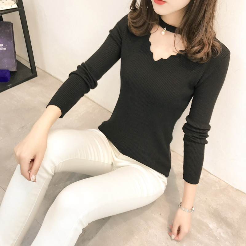 2017秋季新款韩版V领项链短款打底衫纯色套头毛衣女