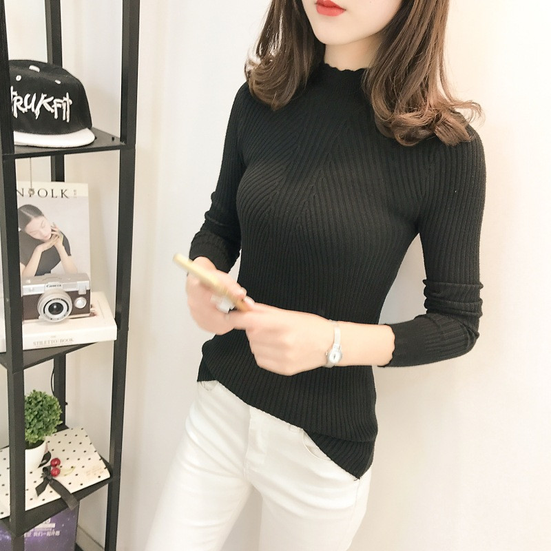 2017秋冬季新款韩版女装 纯色半高领百搭上衣长袖针织衫