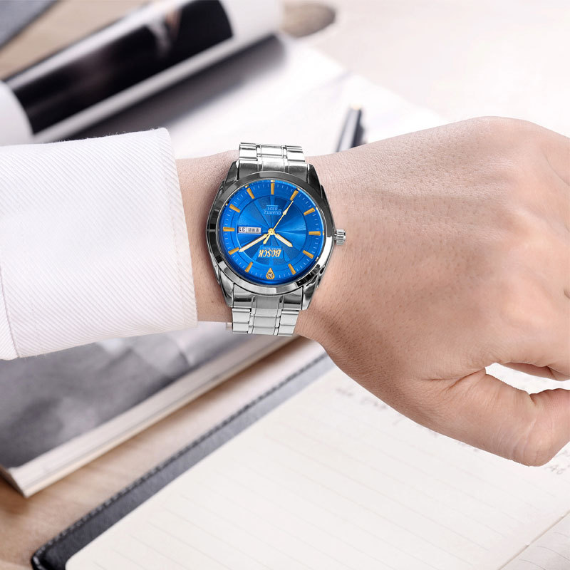 精品双日历手表 男士时尚油压立体面钢带防水石英表商务礼品手表