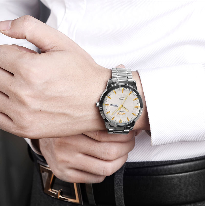 精品双日历手表 男士时尚油压立体面钢带防水石英表商务礼品手表