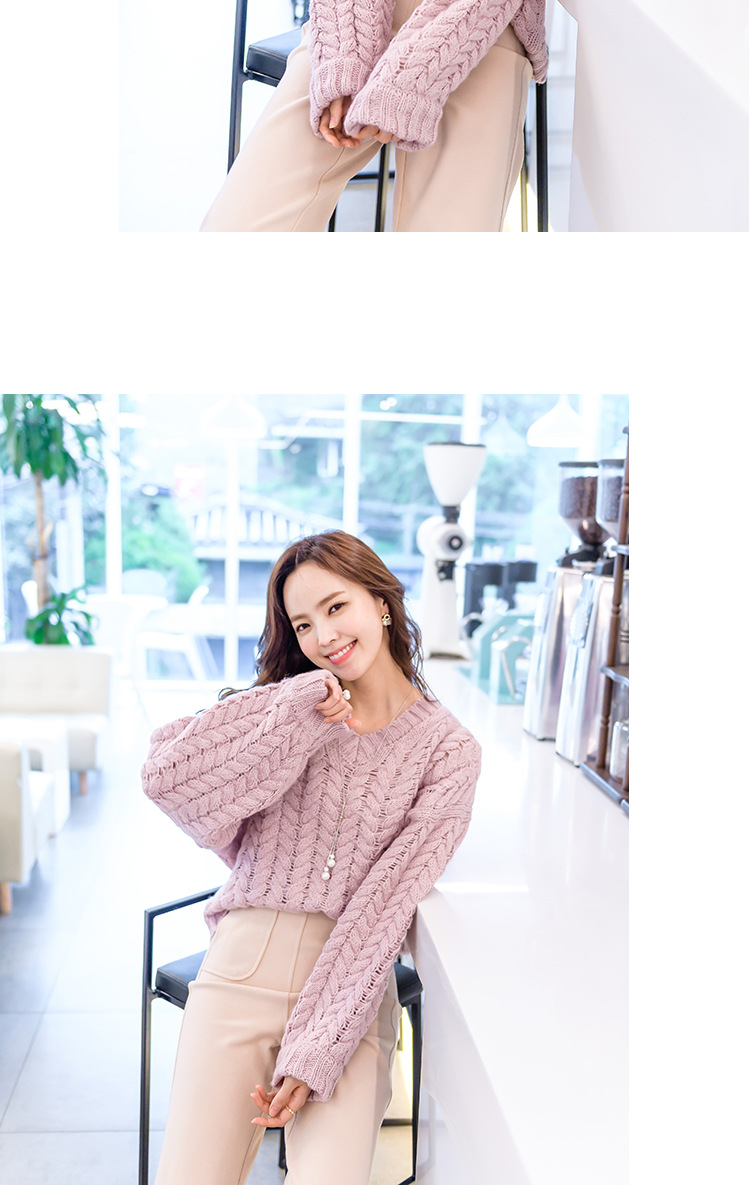 实拍2017秋冬装女针织衫韩版长袖V领毛衣纯色宽松 上衣