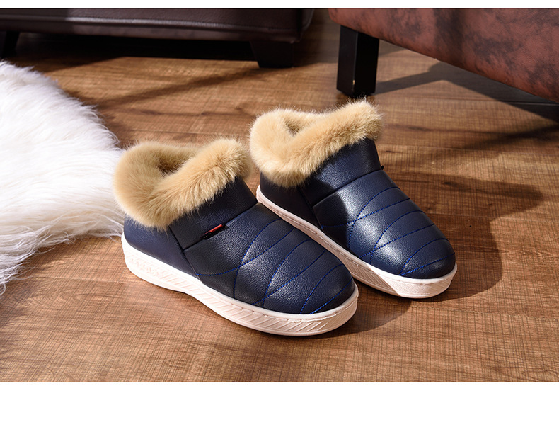 PU冬季棉拖鞋女士情侣厚底包跟加绒保暖高帮毛毛防水防滑居家棉鞋