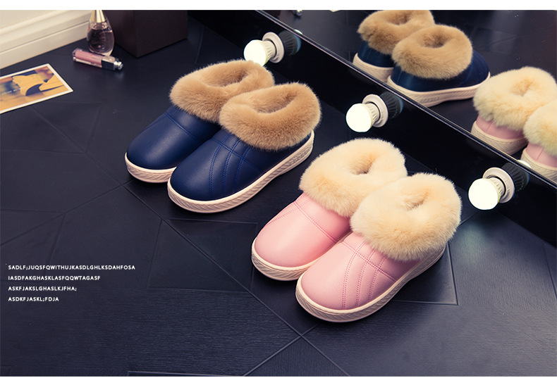 新款PU棉拖鞋女士情侣冬季家居毛毛鞋防滑包跟创意保暖鞋
