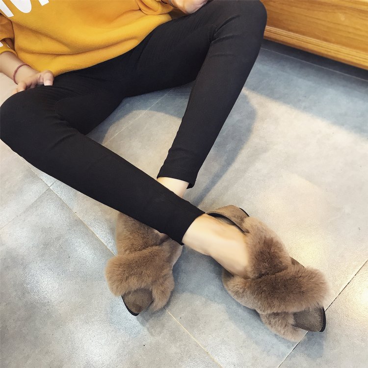 时尚2017冬季鞋子女韩版新款平跟百搭尖头加绒毛毛鞋绒面保暖高档