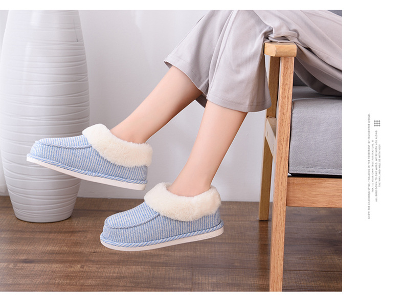 2017新款条纹棉鞋冬季情侣包跟防滑室内保暖妈妈鞋女