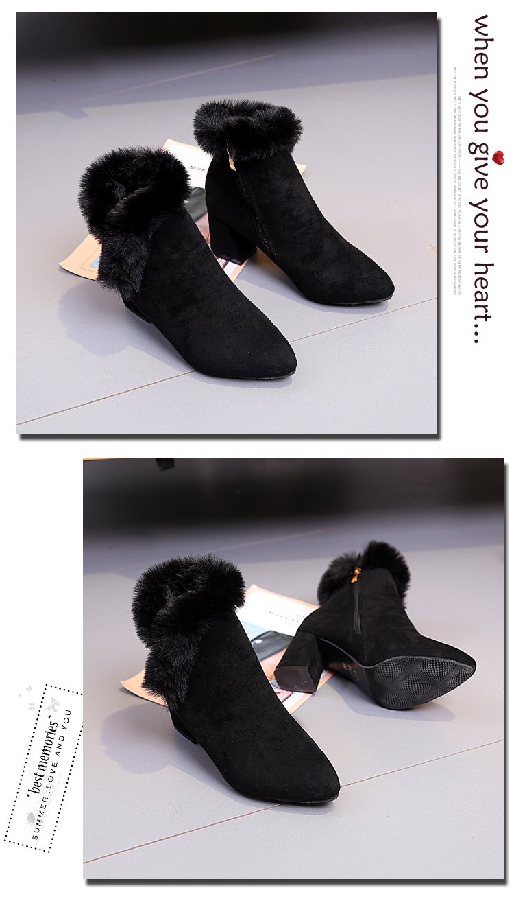 2017冬天新款韩版女靴尖头裸靴马丁靴粗跟短靴女毛毛鞋女棉靴学生