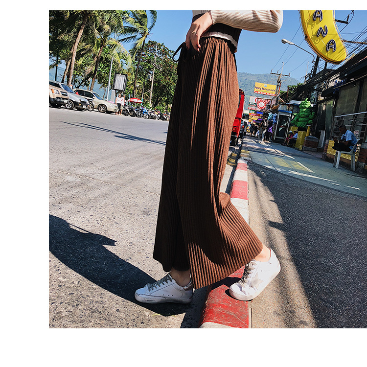 2018春季新品韩版女装高腰螺纹阔腿裤系带宽松显瘦针织长裤