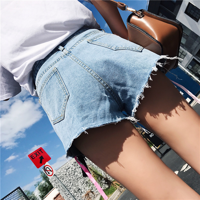 2018夏季新款韩版宽松毛边织带高腰破洞女式牛仔短裤女装