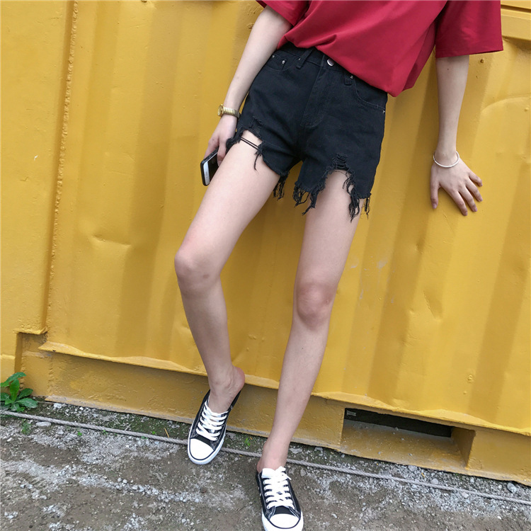 2018年夏季新款韩版宽松高腰破洞毛边少女阔腿裤牛仔短裤女装