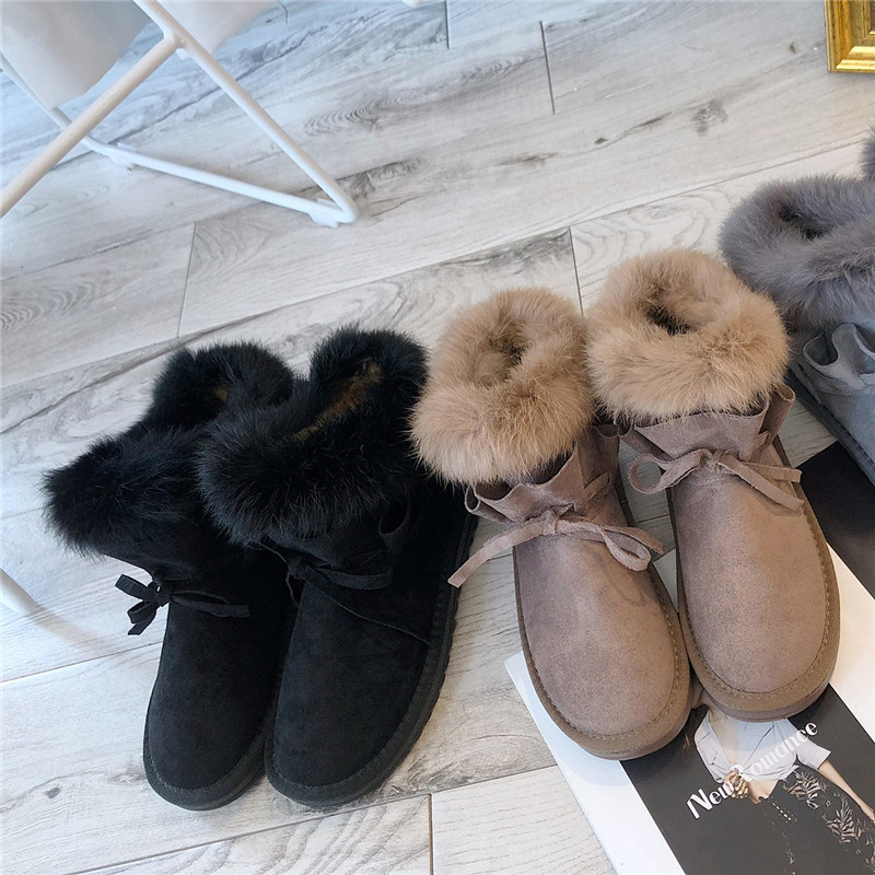 18冬季新款靴子女鞋厚底平跟圆头人造长毛绒短筒靴荷叶毛毛雪地靴