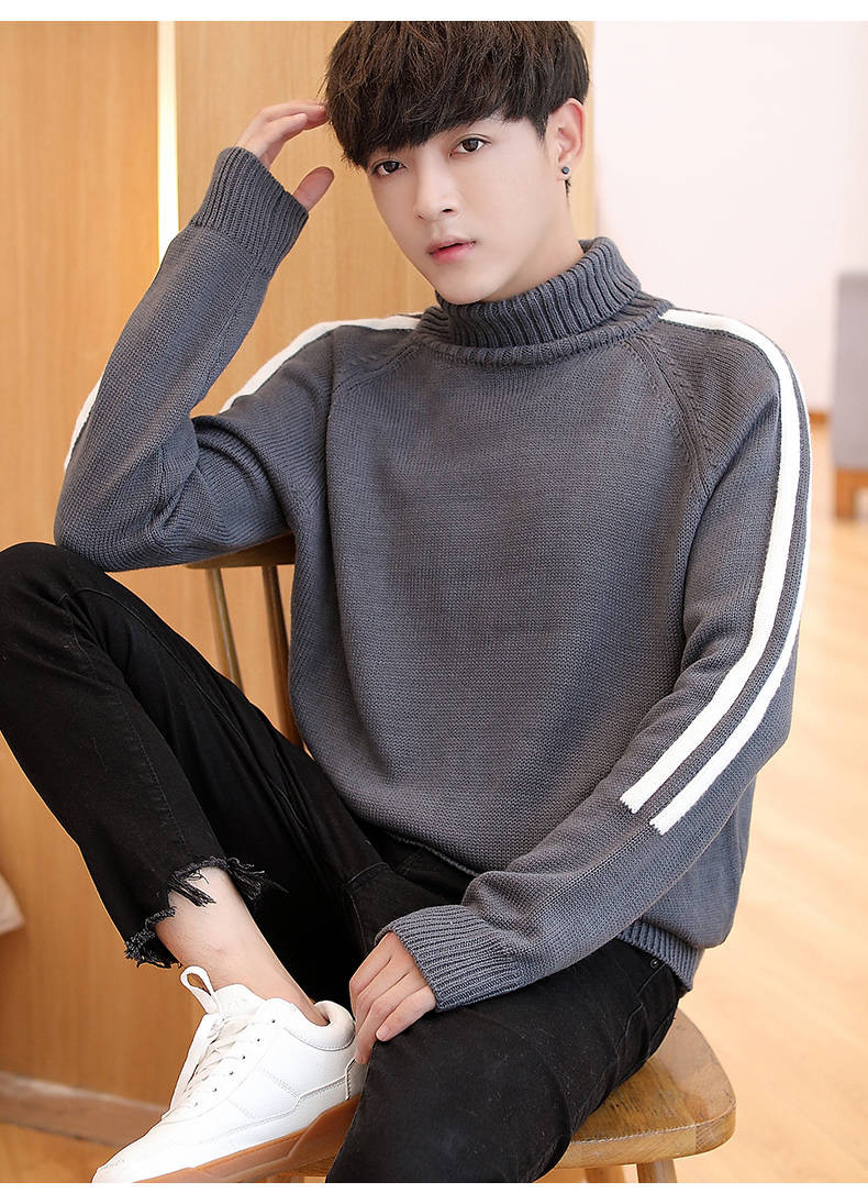 秋冬季男士高领毛衣韩版潮流个性修身针织衫条纹打底线衣学生外套