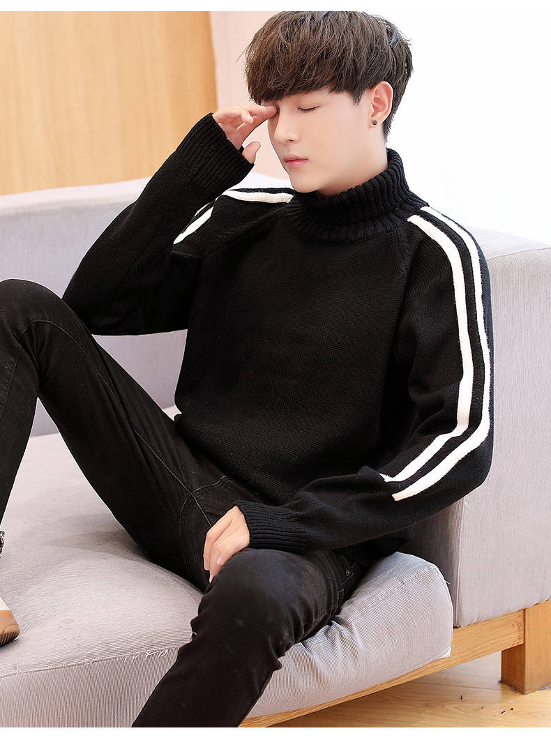 秋冬季男士高领毛衣韩版潮流个性修身针织衫条纹打底线衣学生外套