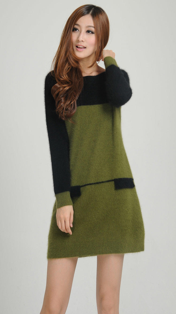 2014女式韩版撞色纹貂绒连衣裙衫 中长款修身包臀毛衣裙羊绒衫