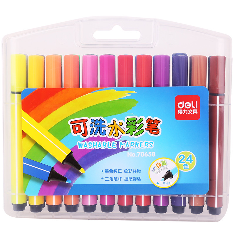  得力 70658三角粗杆水彩笔儿童绘画填色笔涂鸦笔 24色可水洗水彩笔  24支/盒