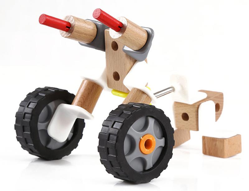 新款木丸子正品 儿童木制拼插积木 摩托车益智玩具桌游互动玩具