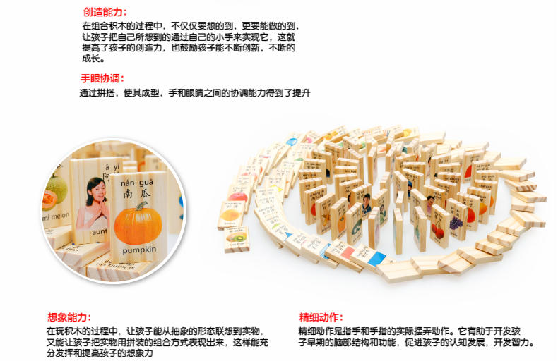 木丸子100片人物物体多米诺骨牌 儿童拼音识字积木玩具