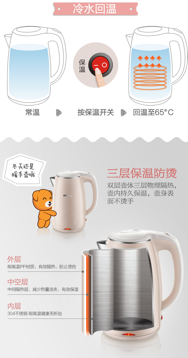 小熊（Bear）电水壶烧水壶大容量家用不锈钢304食品级ZDH-P17H1