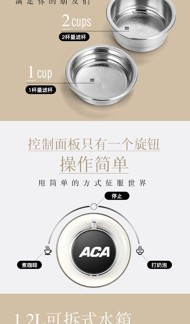 北美电器/ACA  AC-ES12A意式咖啡机商用家用全半自动蒸汽式打奶泡 白色