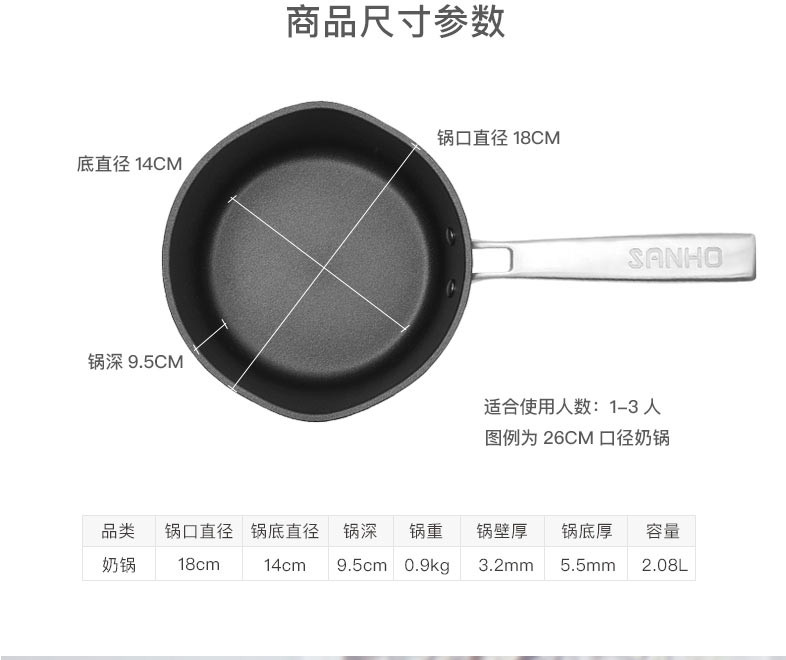  三禾/SANHO陶铸等离子彩瓷奶锅18cm加厚不粘小奶锅不粘多层加厚底NLF1802-2