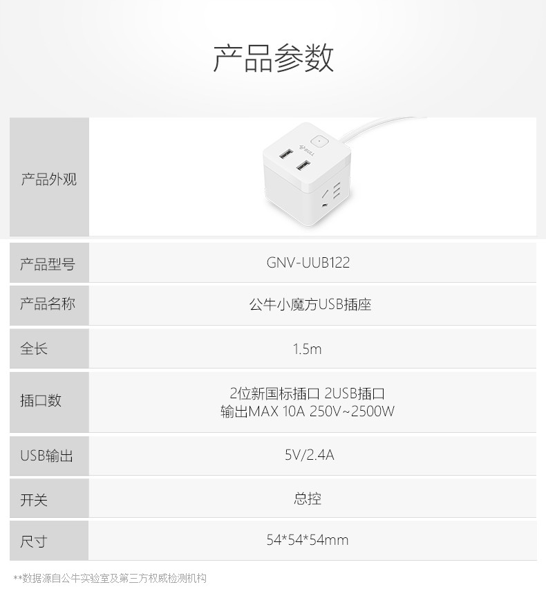 公牛（BULL） 小魔方USB插座1.5M排插/接线板 2孔+2USB口GNV-UUB122