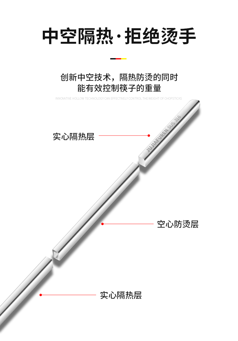 居家夫人316不锈钢筷子家庭餐具防滑抗菌防霉隔热方形高档不锈钢筷子