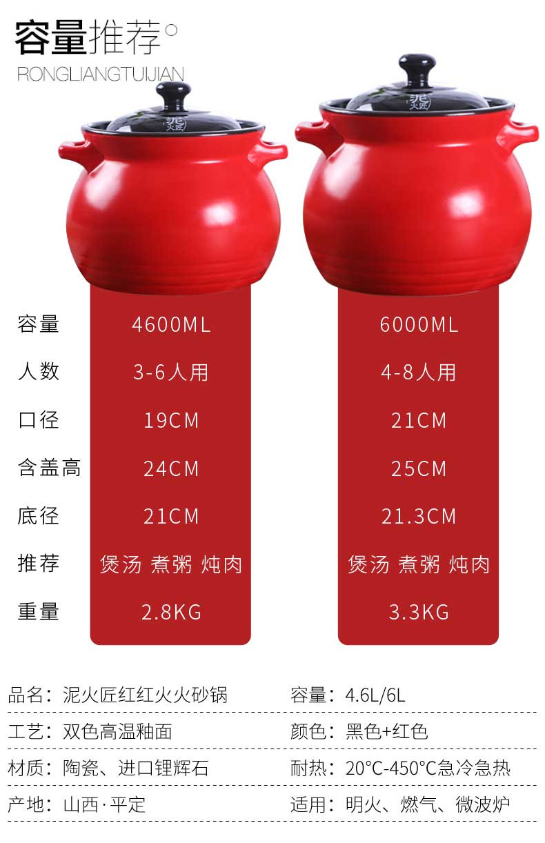 泥火匠 陶瓷大号耐高温明火煲汤砂锅  6000ml红红火火健康养生汤煲