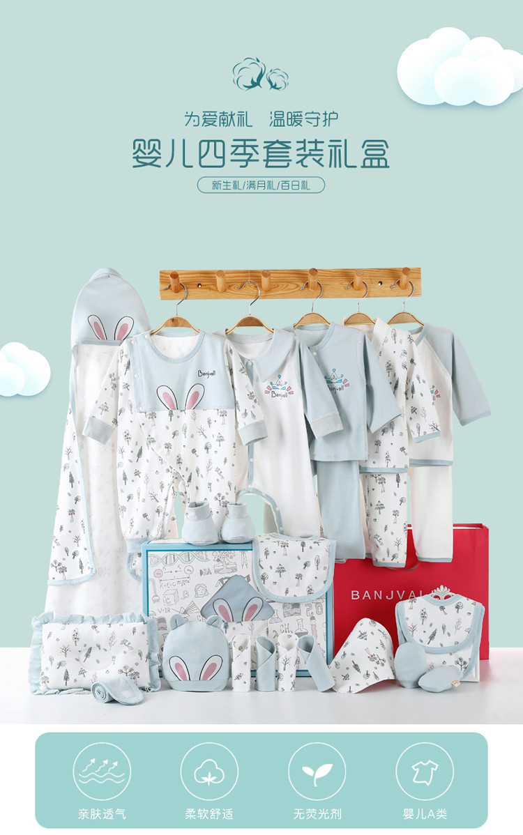 班杰威尔（BANJVALL）纯棉婴儿0-6个月新生儿礼盒套装四季四季紫冠兔24件套