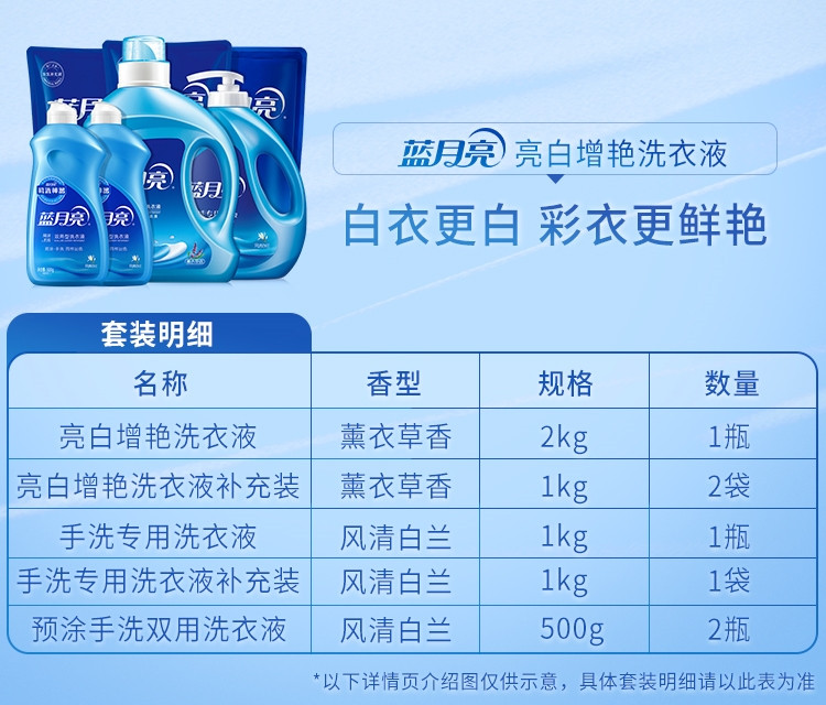 蓝月亮亮衣护色机洗/手洗洗衣液家庭套装2KG*1瓶+1KG*3补充装+500G*2瓶+1KG*1瓶