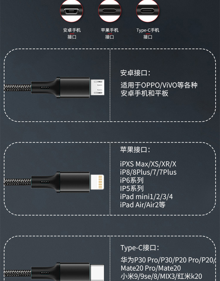 OKSJ 三合一数据线充电器线 一拖三车载多功能快充3A 1.2米