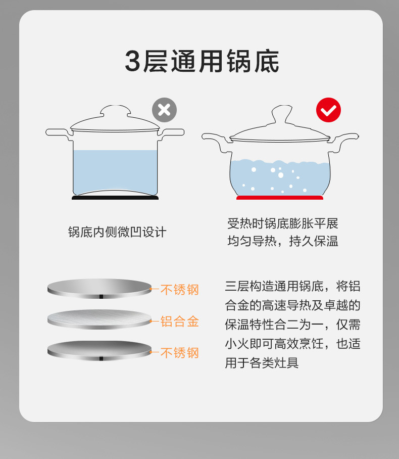 爱仕达/ASD 汤锅不锈钢复底汤锅20CM燃气灶电磁炉通用TS20B5WG