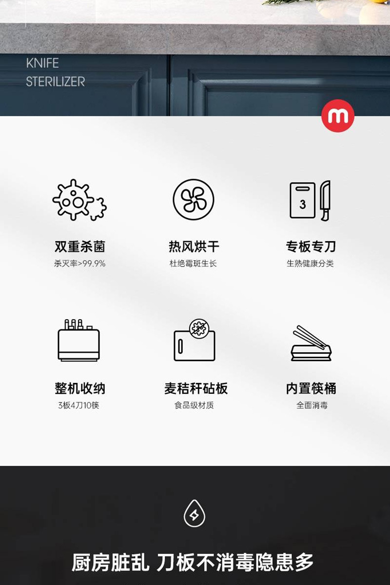 摩飞摩飞电器 消毒刀架砧板刀具消毒机家用小型筷子筒紫外线消毒机烘干器菜板分类厨具MR1001