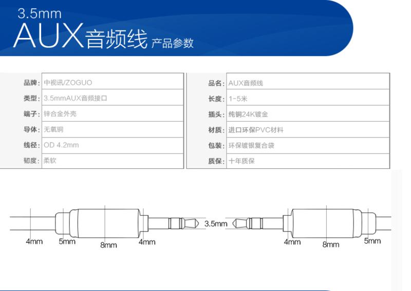 中视讯铜芯 AUX车载音频线1.5米 A1B-1.5