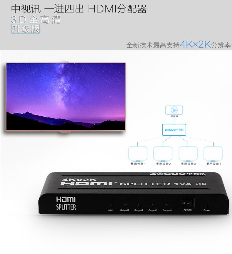 中视讯4K 高清一进四出HDMI分配器 HF1-4