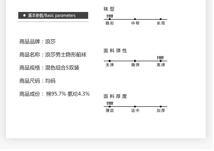 【5双】浪莎男短袜子薄款隐形棉袜浅口防滑硅胶男士船袜